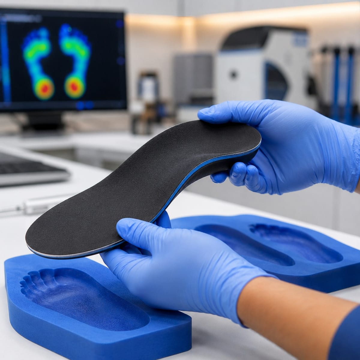 A custom orthotic held above the foam impressions it was moulded from, beside a digital foot scan